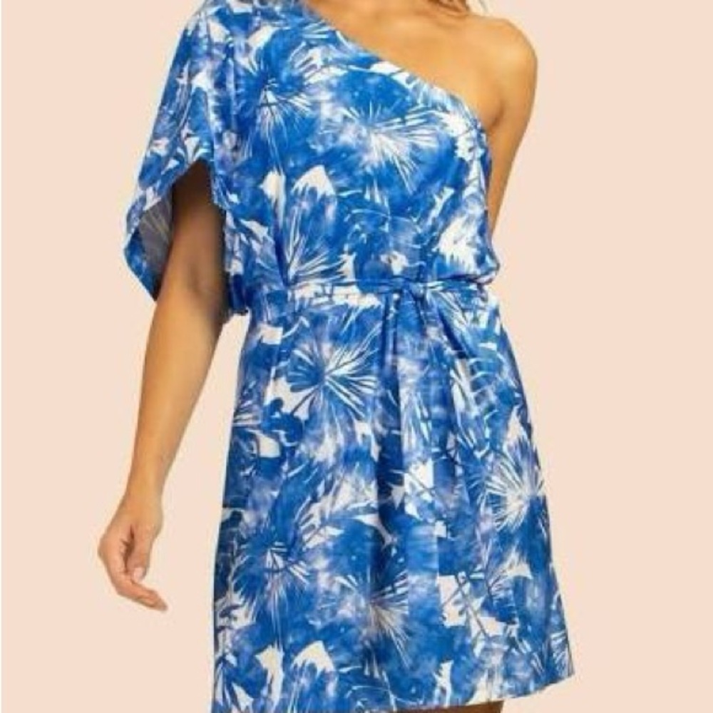 Trina Turk Blue and White Asymmetrical One-Shoulder Basque Dress- never worn